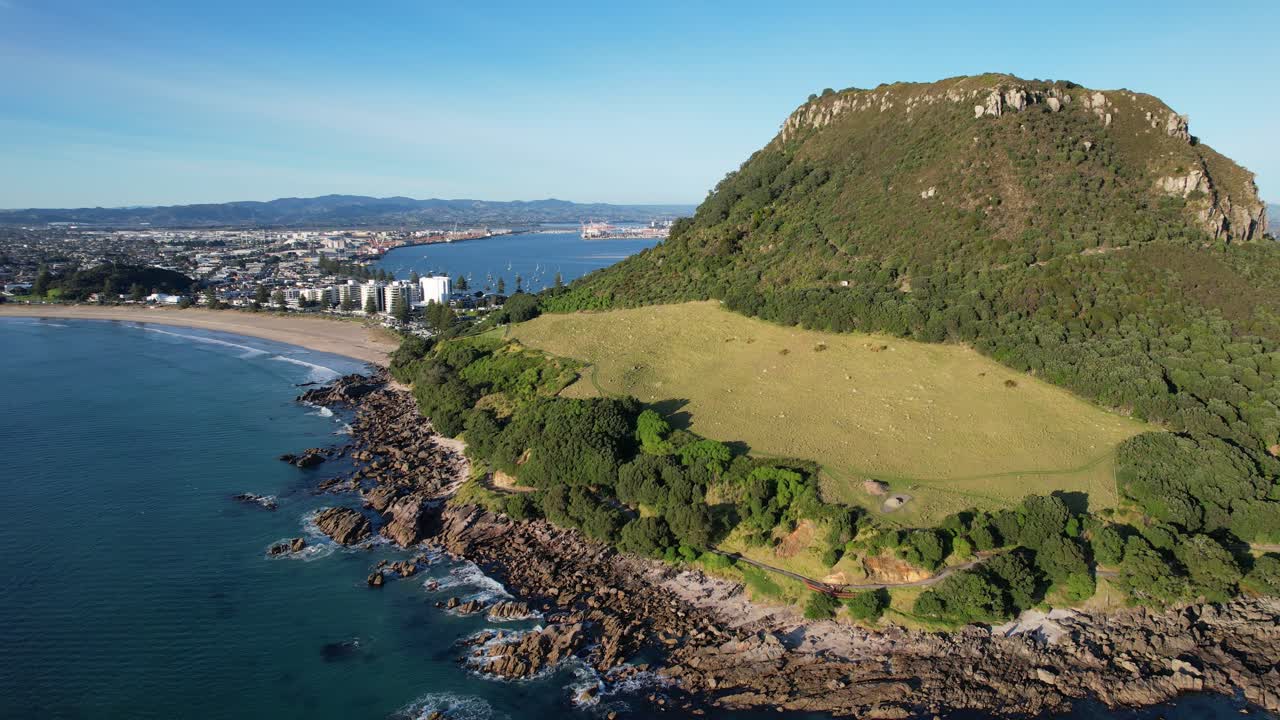 Aerial view of Mount Maunganui and Tauranga coastline in New Zealand