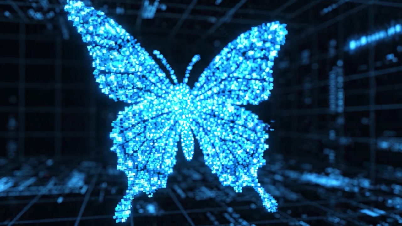 A mesmerizing digital representation of a butterfly, illustrated with luminous blue particles, creating a stunning visual experience that captivates the viewer in a vibrant virtual space.