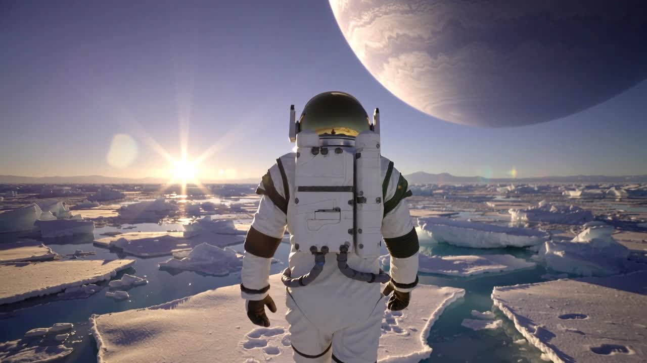 Gående astronaut i dragt krydser frossent hav mod horisonten, udforsker med livsunderstøttende rygsæk.