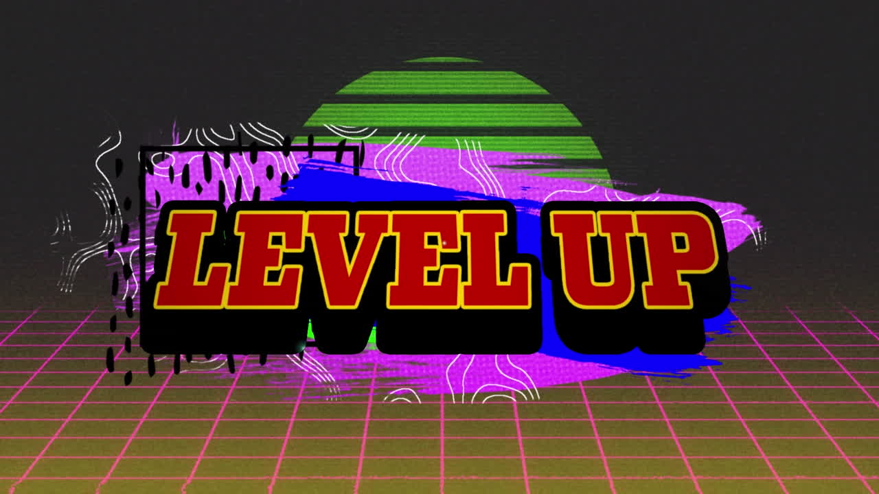 원형 줄무와 루프 그리드 패턴 위에 만화 스타일 패턴으로 레벨 업 텍스트의 애니메이션