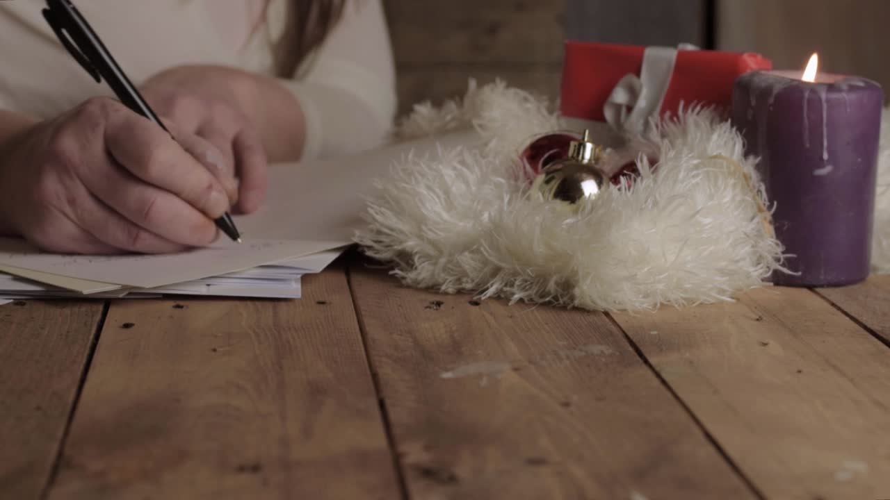 escribiendo a mano tarjetas de felicitación de navidad en el fondo de estilo navideño