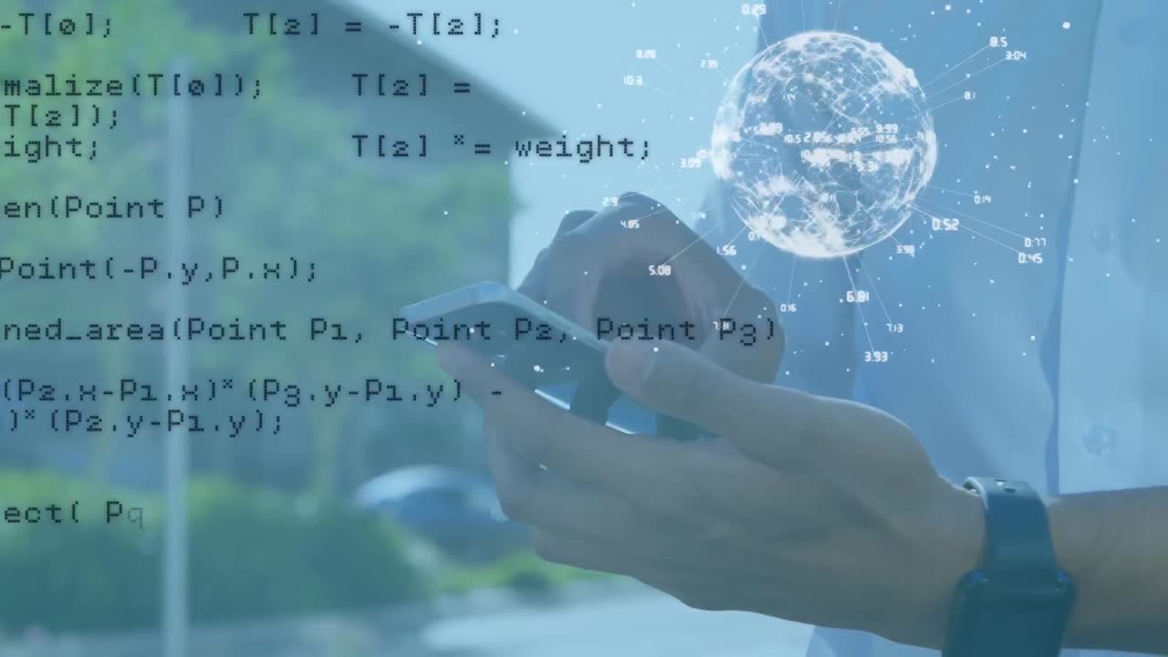 Animation of data processing and globe of connections over man using smartphone