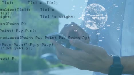 Animation-of-data-processing-and-globe-of-connections-over-man-using-smartphone
