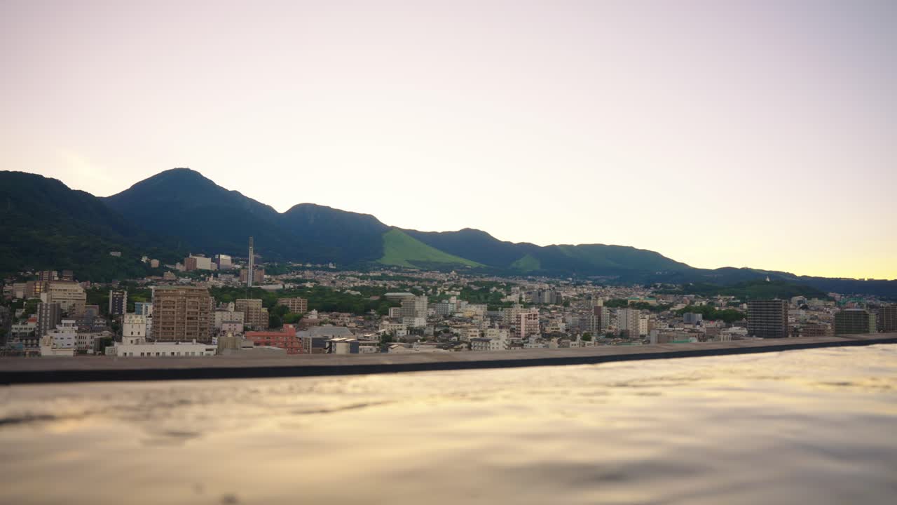 Beppu City and Mt Tsurumi, Evening Sunset Over Infinity Pool, Japan