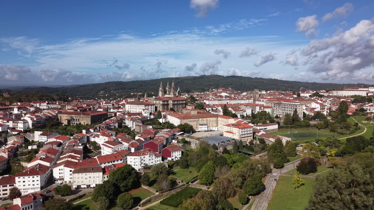 4K drone aerial view of the Minor Seminary in Santiago de Compostela in the Belvís area