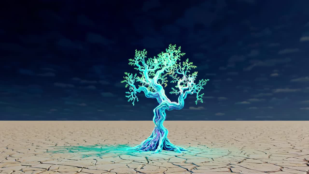 Neon Glowing Tree in a Desert Landscape