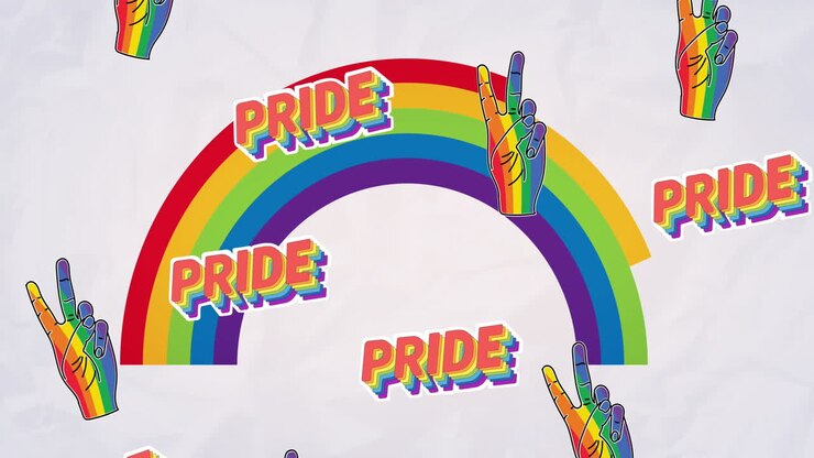 Animation of rainbow pride text and victory signs over rainbow background