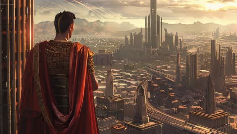 roman emperor contemplating a futuristic city