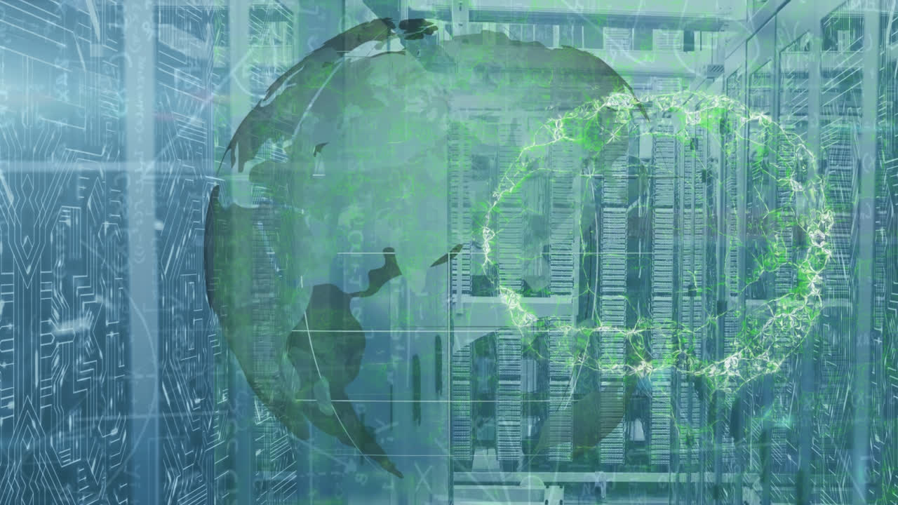 Animation of network of connections with globe and human brain over computer servers