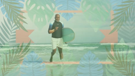 Animation-of-leaves-over-senior-african-american-man-running-on-beach-with-surfboard