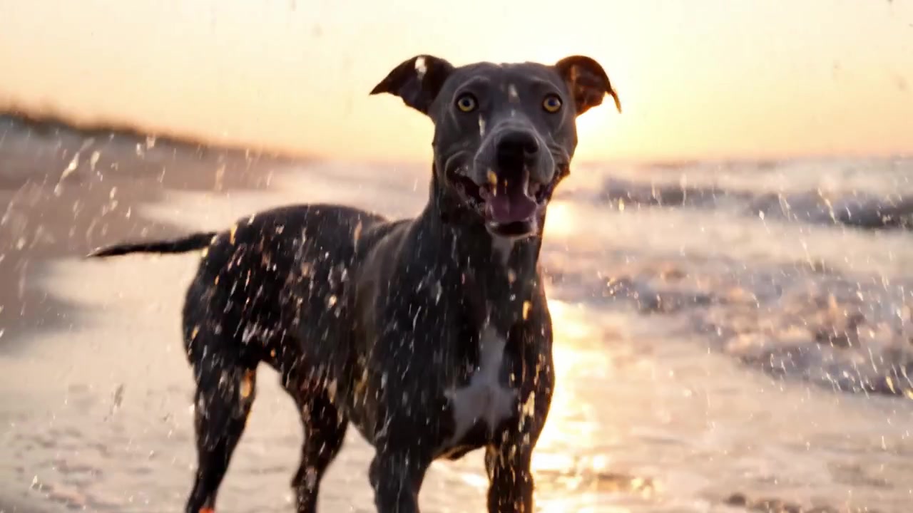 Oyuncu bir köpek, sahil boyunca gün batımı yürüyüşünün keyfini çıkarıyor, akşam kızıllığının sıcaklığını ve okyanusun nazik dalgalarını hissediyor.