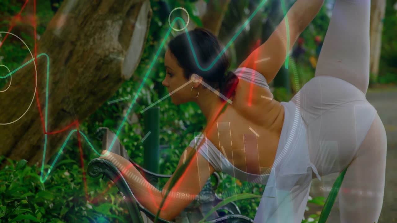 Fitness trainer gripping bench arm and bending into dancer's pose tracking balance via holograms