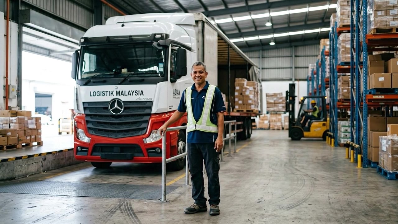 Lagerarbejder står ved siden af leveringslastbil i distributionscenter