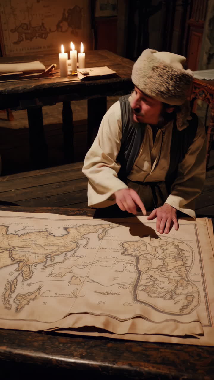Personaggio storico che discute una mappa in uno studio