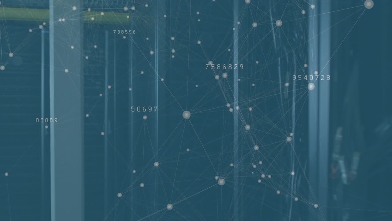Camera starting server rack showing overlay pulsing nodes moving labels shifting mapping data flow