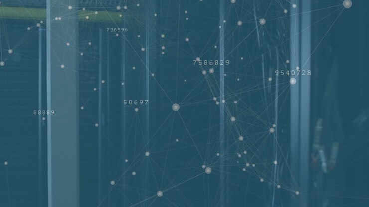 Camera starting server rack showing overlay pulsing nodes moving labels shifting mapping data flow