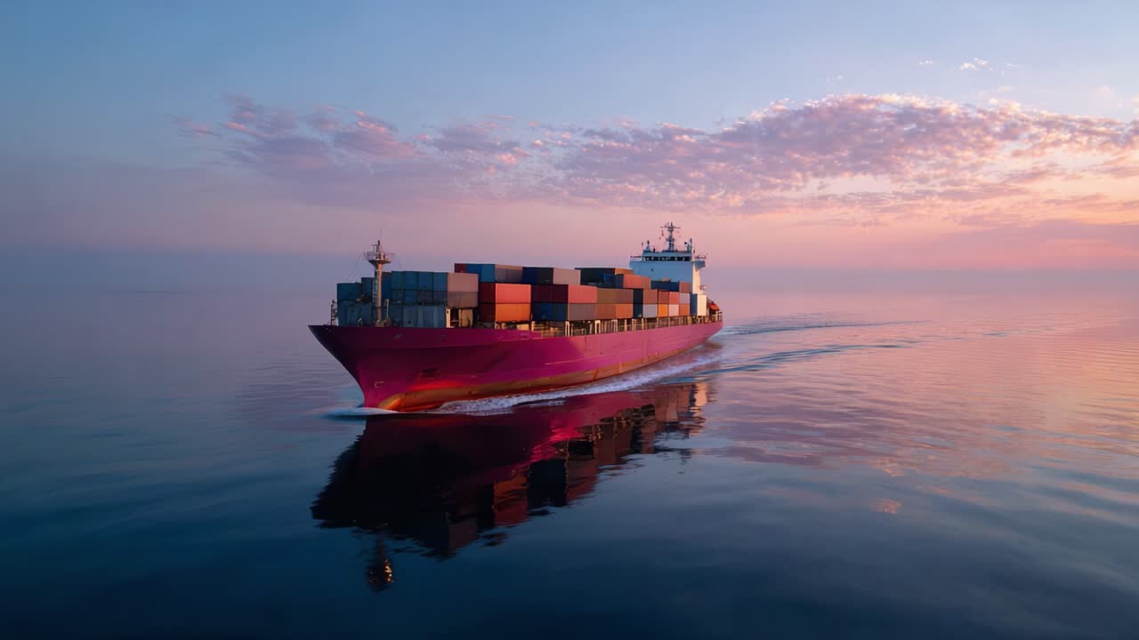 Container Ship Navigating Calm Waters at Sunrise: A Stunning View of Freight Transport in Action with Vibrant Colors Reflecting on the Serene Ocean Surface