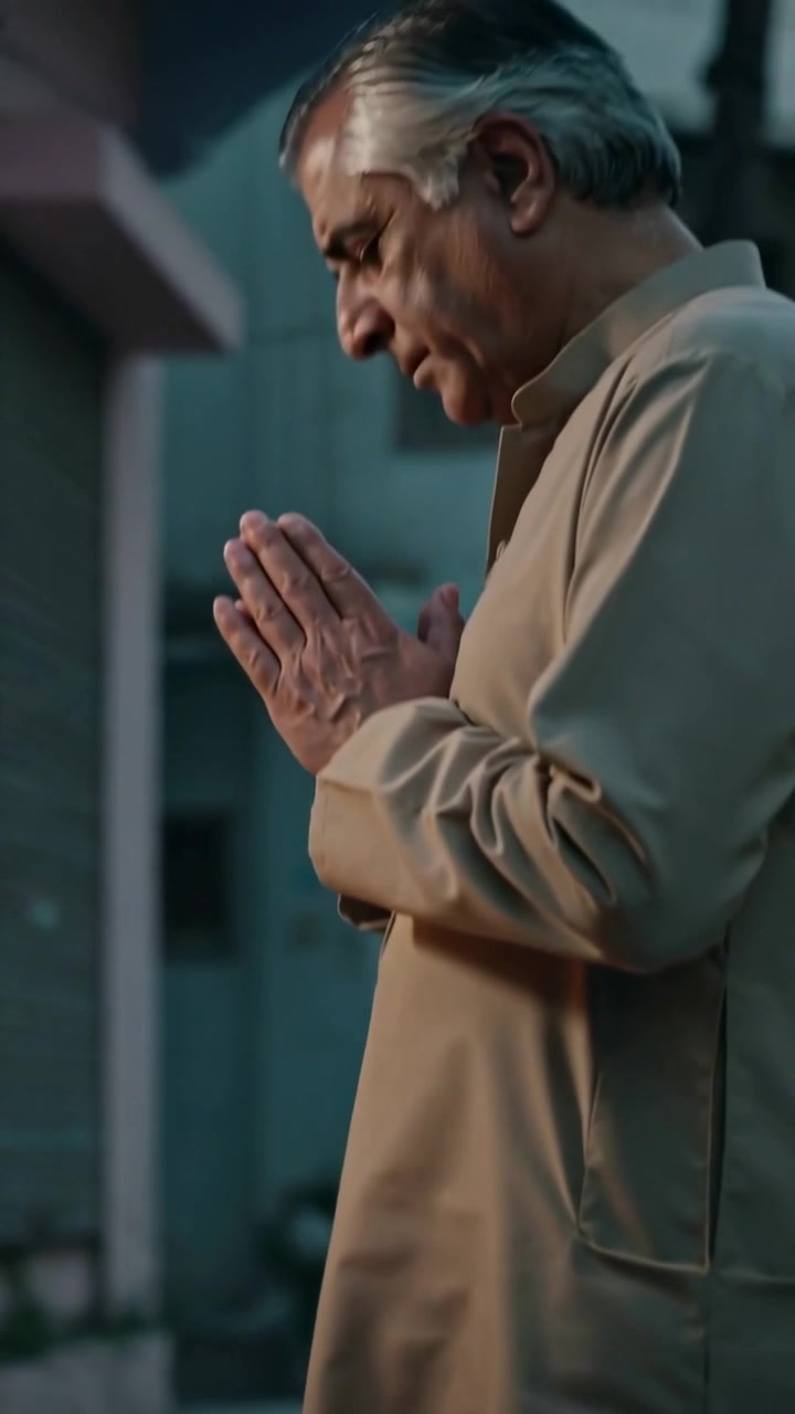 Vertical video: Approaching man in kurta folding hands, bowing head in prayer at curb, with diyas