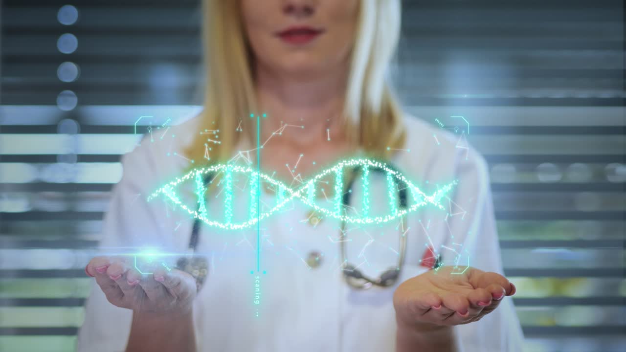DNA hologram AI analysis concept with a female doctor, hospital background
