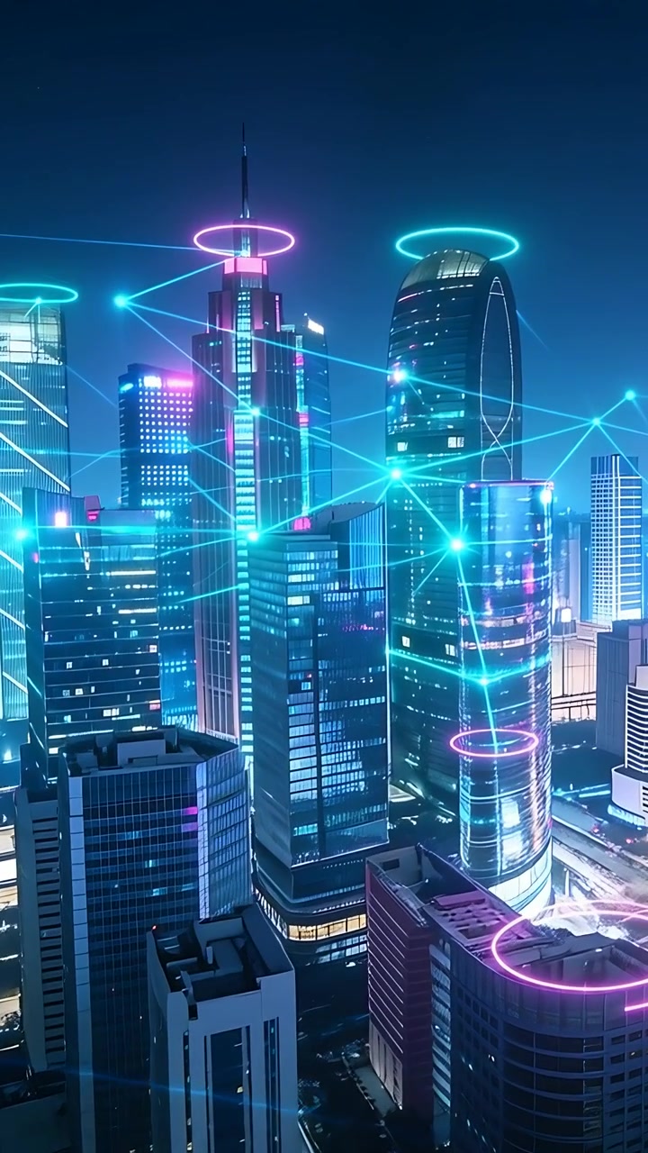 Video verticale: Nodo di segnalazione che pulsa linee al neon attraverso guglia e torre nel centro città per il flusso di dati
