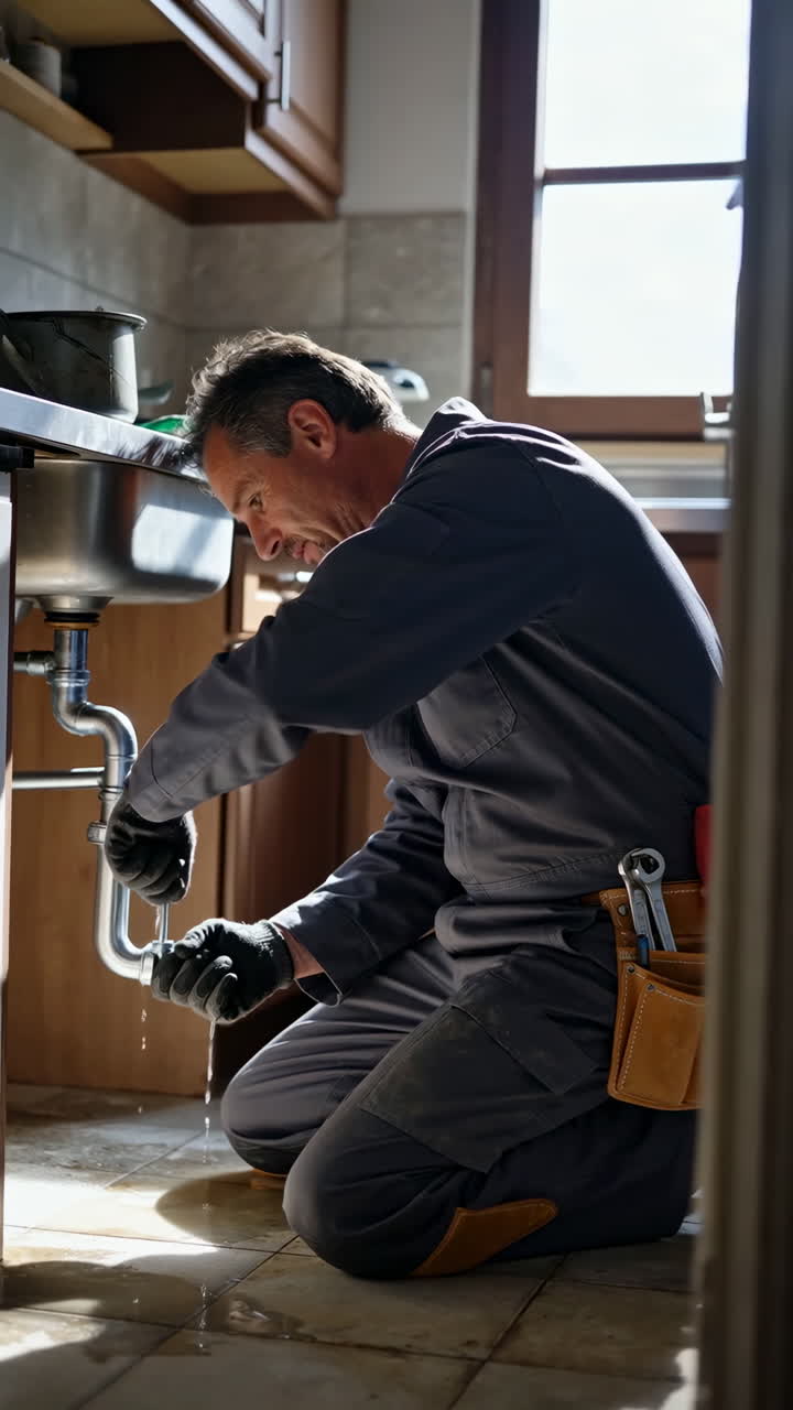Plumber fixing a leaky pipe under a kitchen sink