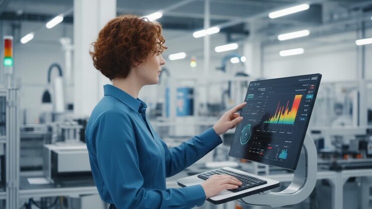 A professional woman interacts with advanced data visualization technology, analyzing complex graphs and metrics in a modern industrial setting, symbolizing innovation and analytics in the workplace