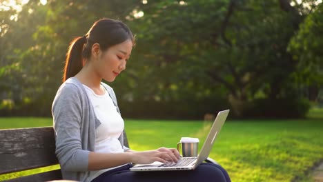 young woman working on a laptop in a park during sunset, enjoying a coffee while seated on a bench surrounded by lush green nature