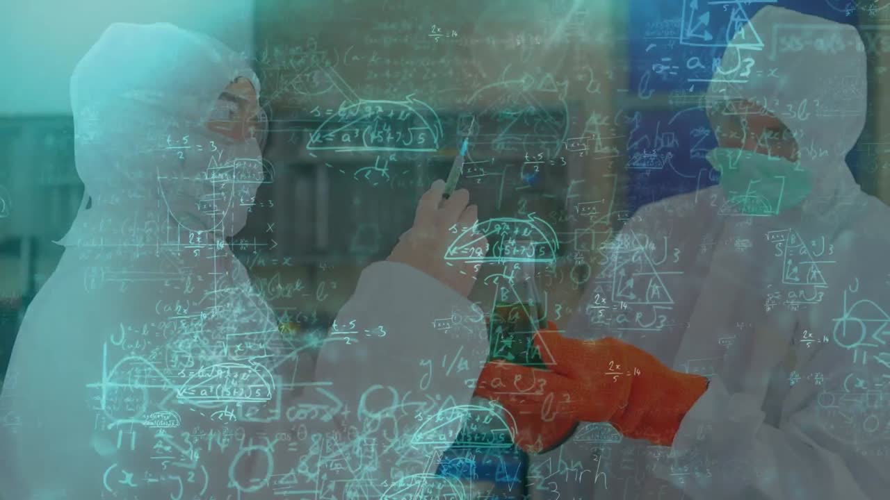 animación de ecuaciones matemáticas sobre diversos científicos en el paisaje urbano del laboratorio
