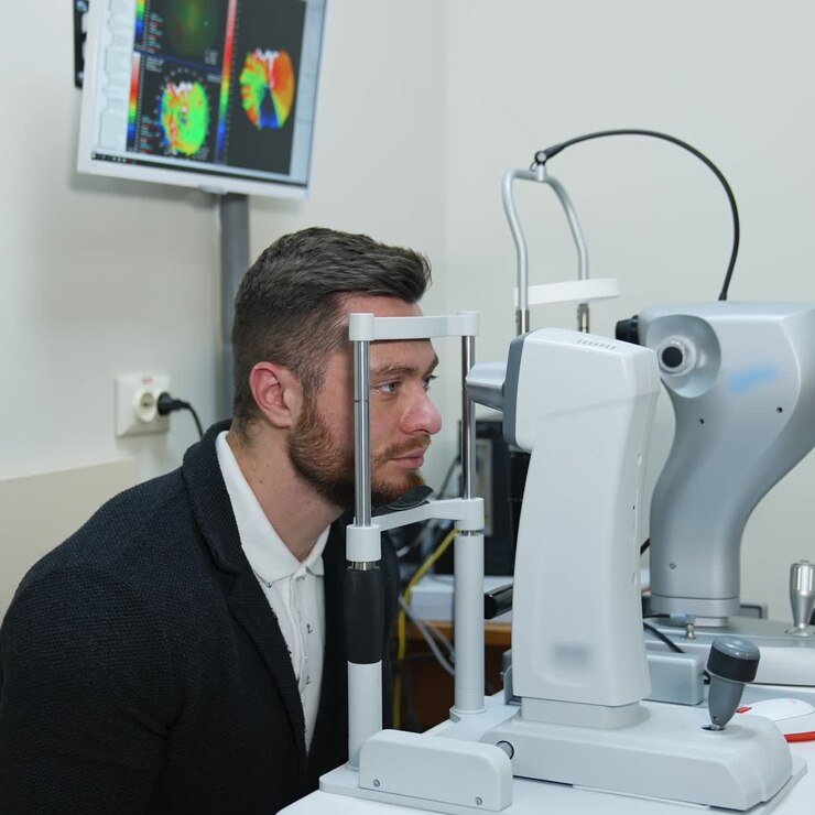 Man looking in apparatus for eyesight