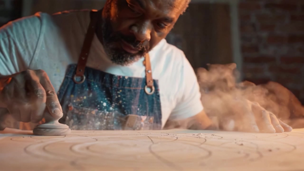Master Craftsman Engaged in Intricate Woodworking Techniques, Focused on Creating Detailed Designs in a Workshop Environment with Soft Lighting and Texture.