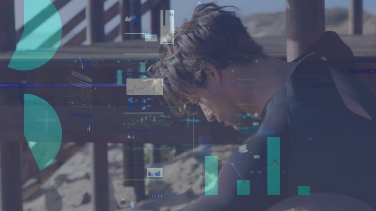 Animação de processamento de dados digitais sobre surfista caucasiano