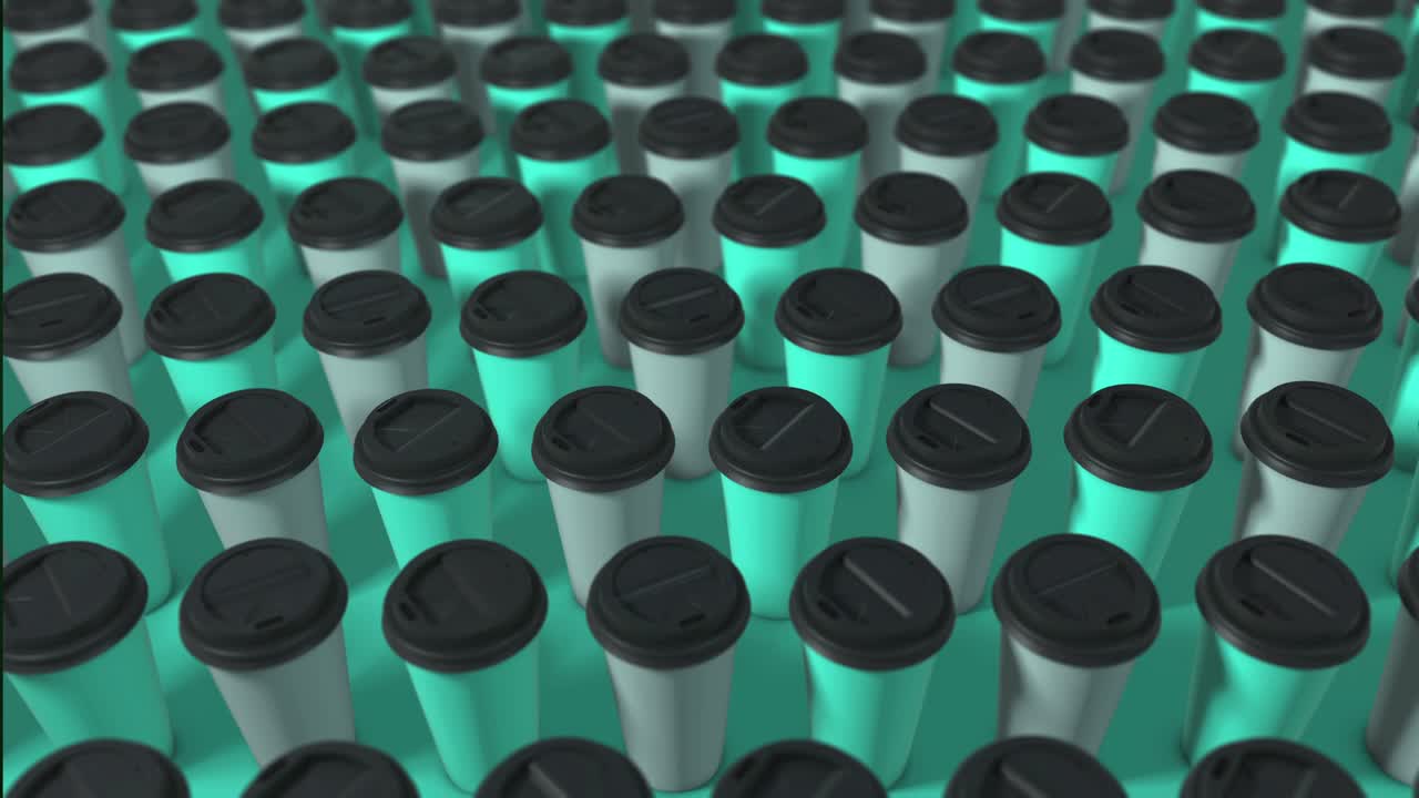 dos tazas de café de colores en el fondo. renderizado abstracto 3d con luz brillante y sombras. patrón de tazas de cafe. animación en bucle. blanco turquesa