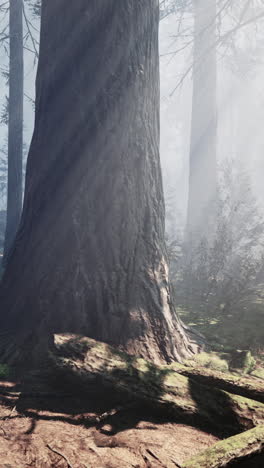 un bosque de niebla con árboles altos