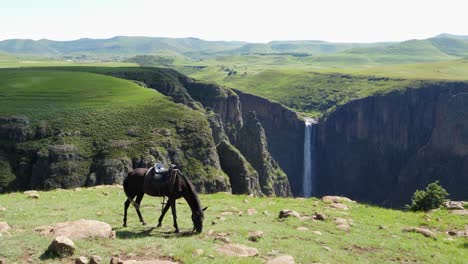 Das-Dunkelkastanienbraune-Pferd-Des-Reiters-Frisst-Gras-Vor-Dem-Wasserfall-In-Der-Tiefen-Schlucht