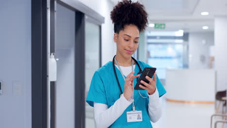 Smile,-nurse-and-woman-typing-with-phone