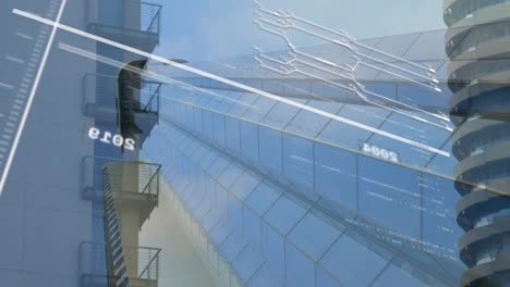 animación de números y líneas sobre edificios modernos