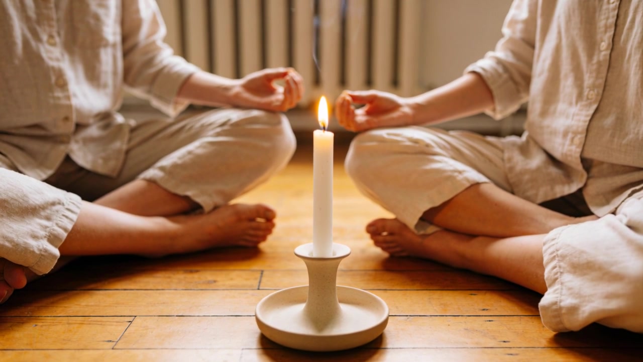Coppia seduta che medita su un pavimento di legno, indossando lino, tenendo un mudra accanto a una candela affusolata per la calma.