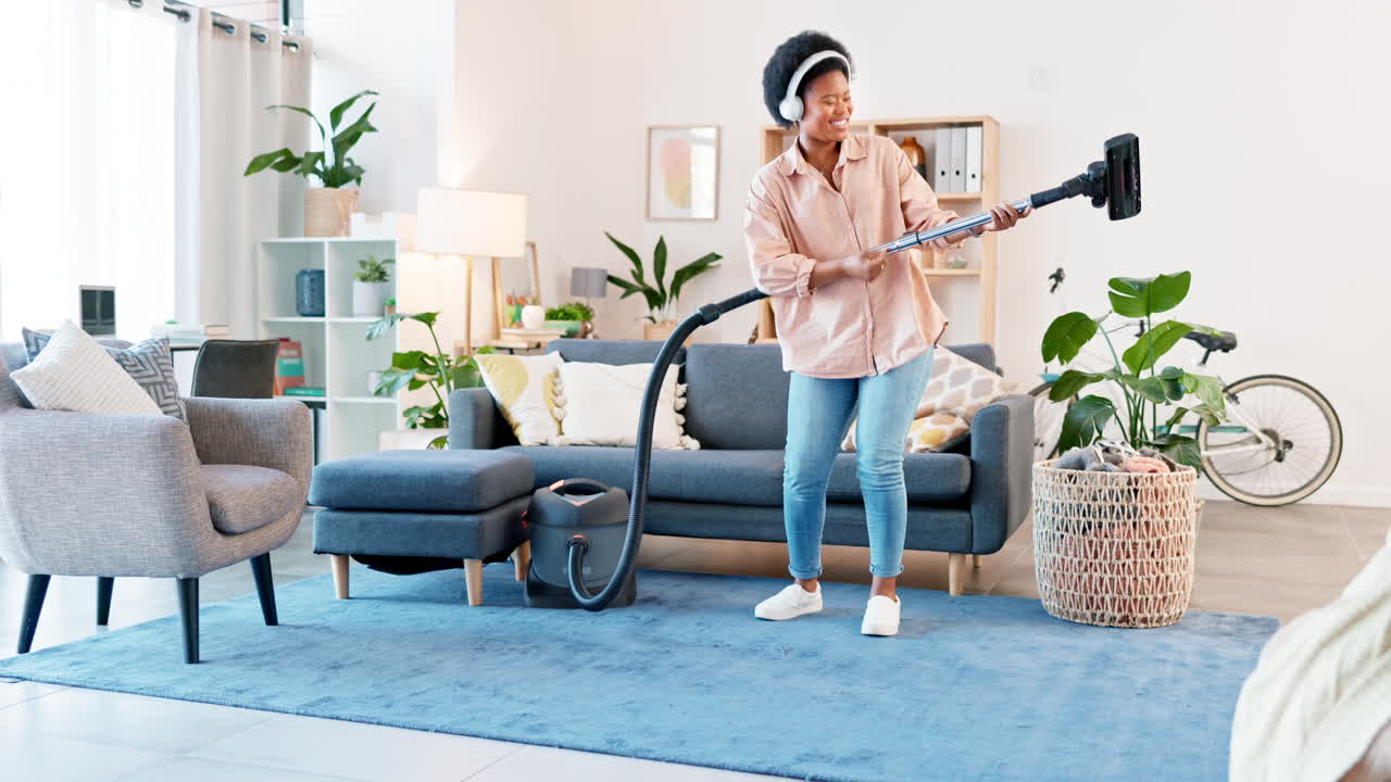 청소 하는 동안 노래 하고 춤추는 장난스러운 청소사