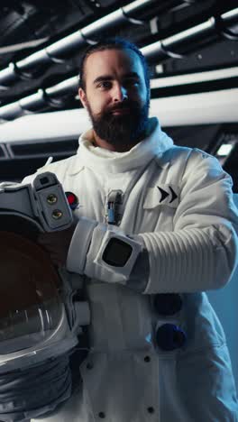 vertical video astronaut inside futuristic spaceship checking red planet journey analytics