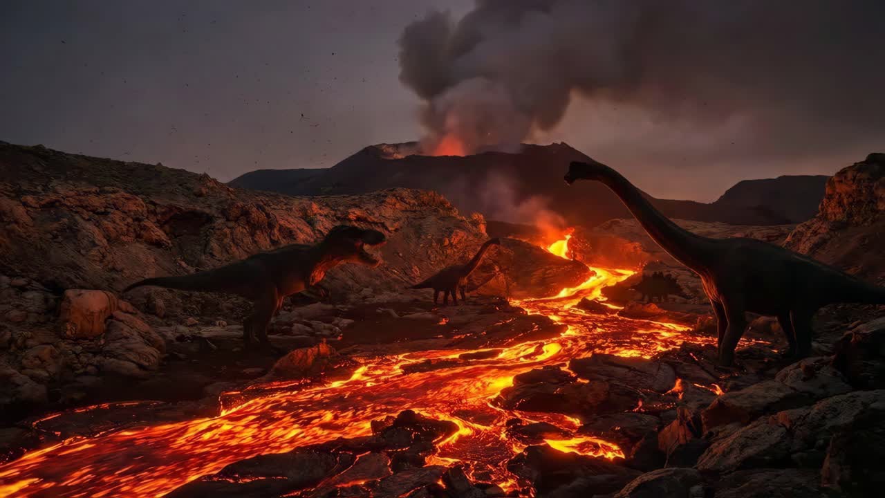 Dinosaurs in a Volcanic Eruption