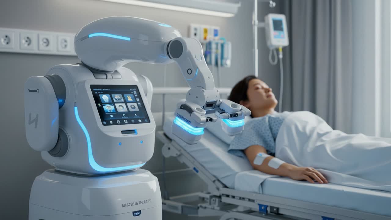 A Healthcare Robot Assisting a Patient in a Modern Medical Facility, Utilizing Advanced Technology for Patient Care and Support