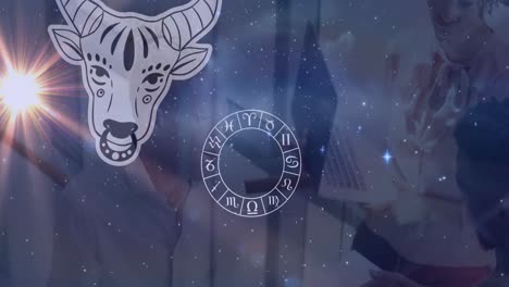 animation of zodiac sign over two diverse business people