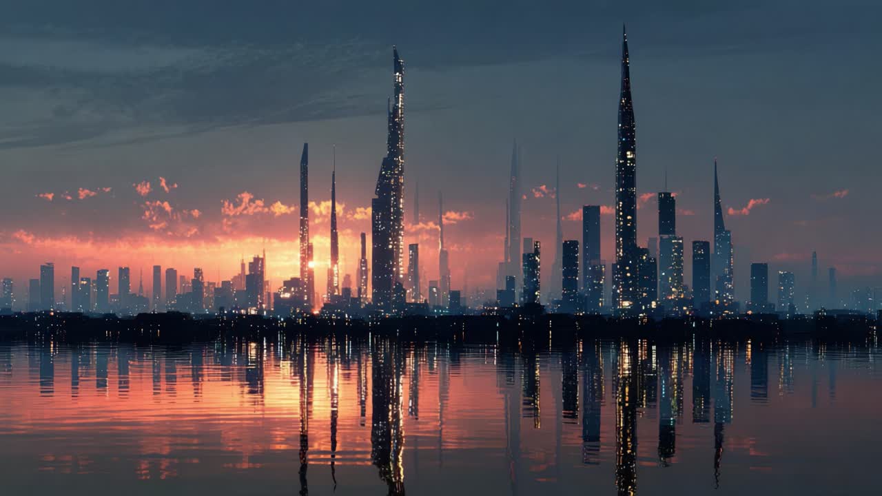 Spectacular panoramic view of a futuristic metropolis with towering skyscrapers reflecting on the calm water as the sun sets, casting a beautiful orange and purple glow over the sky