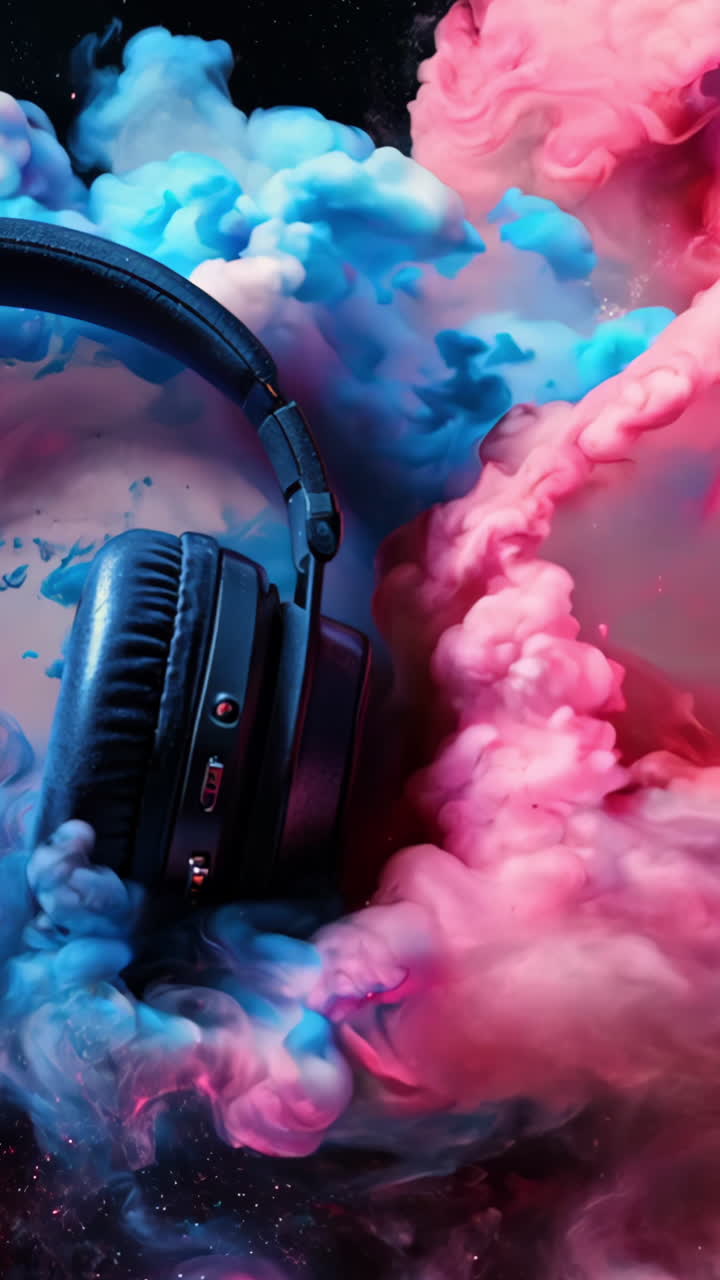 A pair of headphones is shown in a cloud of red and blue smoke. The headphones are positioned in the middle of the smoke, with the red and blue colors blending together to create a vibrant