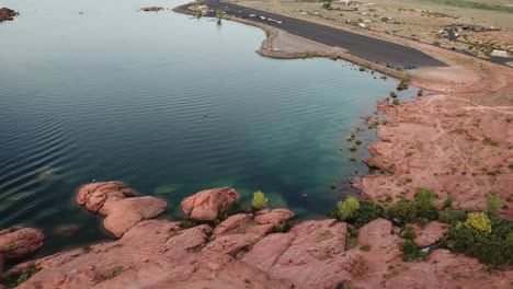 sand hollow state park, utah desert usa. drone aerial view of water reservoir and camping area