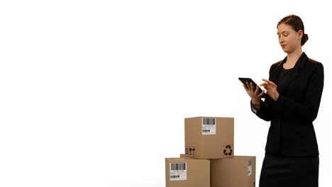 animation of woman holding tablet with stacks of boxes on white background