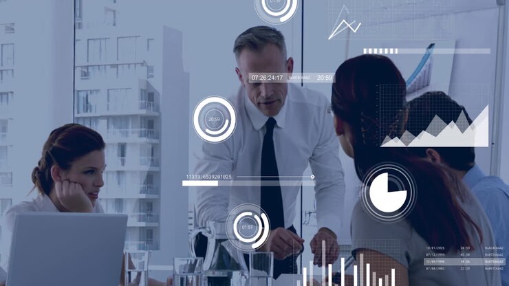Animation of graphs, loading bars and circles, diverse coworkers discussing strategy in office