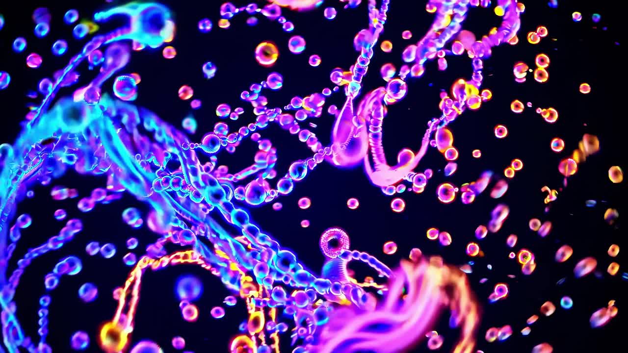 Colorful abstract patterns and glowing bubbles dance against a dark background creating a mesmerizing visual experience