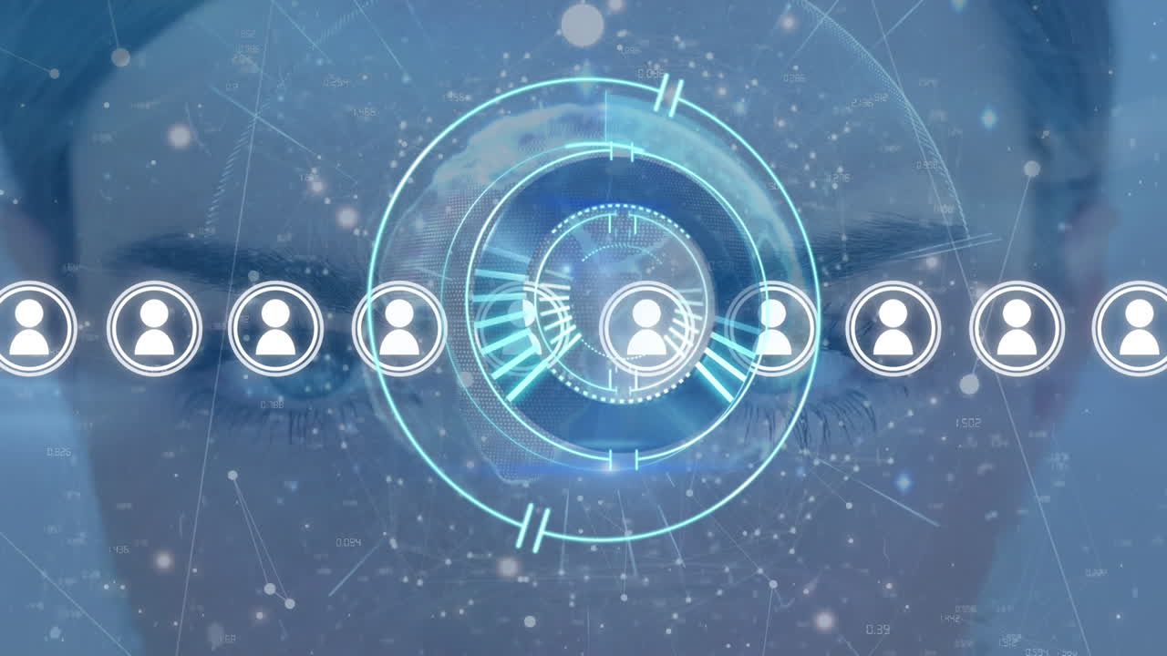 animación del círculo de procesamiento sobre conexiones, iconos y cara de mujer caucásica