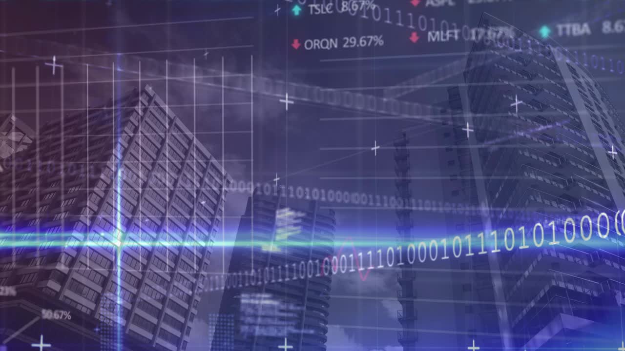 Animation of financial data processing and binary coding over modern office buildings